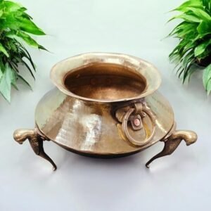 Antique Brass Handcrafted Pot with Bird Stand & Ring Handles